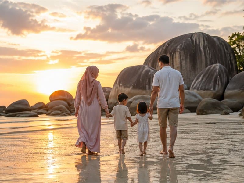 Keluarga berjalan di pantai berbatu granit Belitung saat matahari terbenam