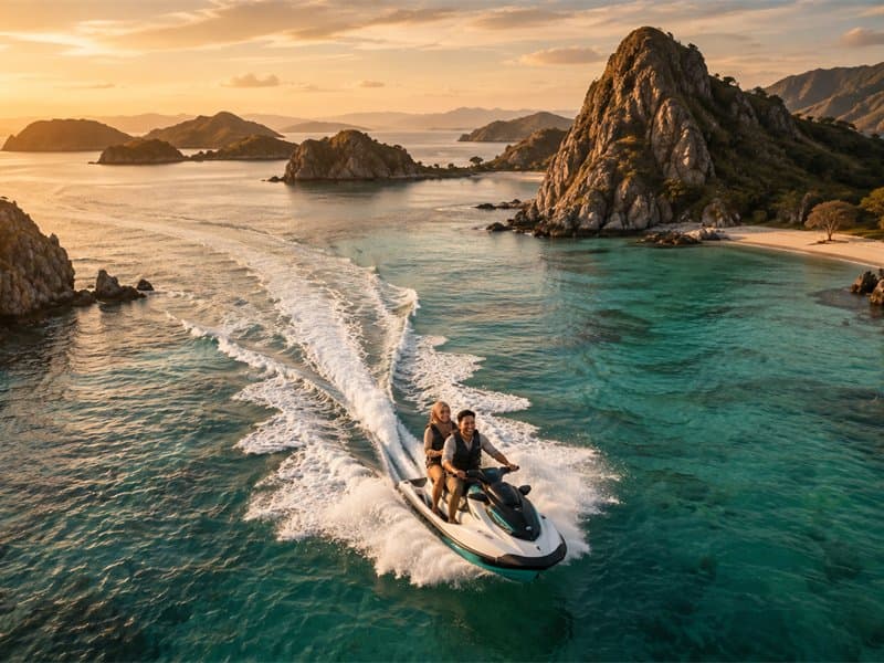 Jetski melintasi teluk dilihat dari udara