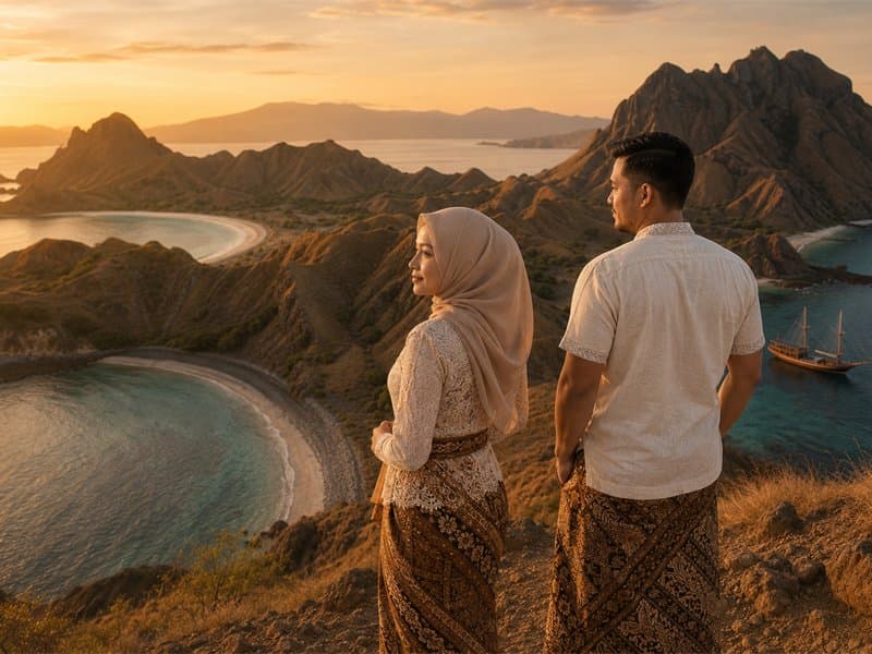 Dua wisatawan memandang teluk Padar saat cahaya sore