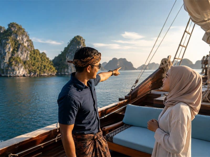 Pemandu menjelaskan rute kepada tamu di dek kapal phinisi