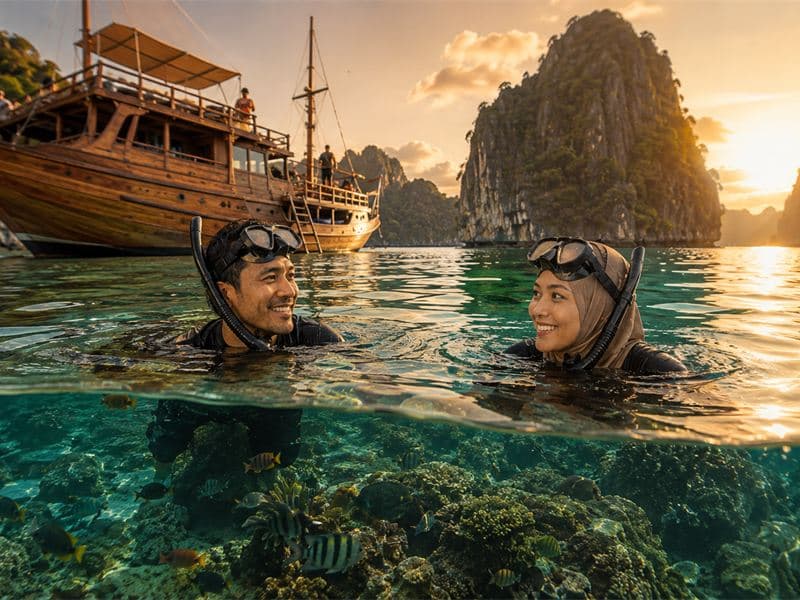 Pemandangan separuh bawah air dengan kapal phinisi di kejauhan