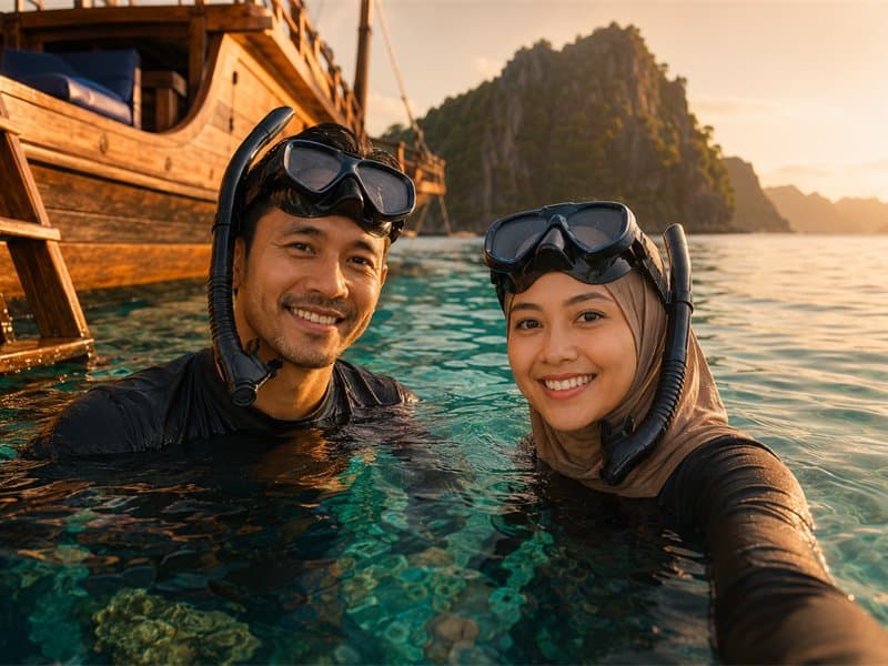 Dua penyelam snorkel berswafoto di permukaan air jernih