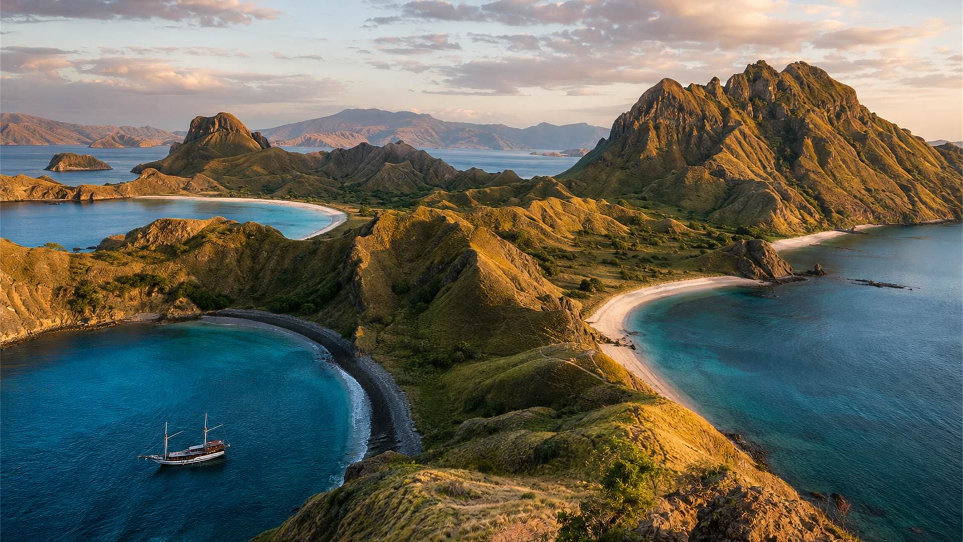 Pemandangan tiga teluk Pulau Padar di Taman Nasional Komodo saat cahaya sore, dengan kapal phinisi berlabuh di teluk kiri