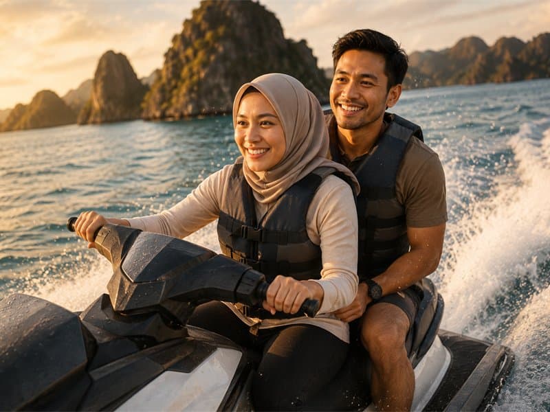 Dua orang mengendarai jetski di perairan tenang