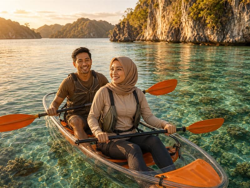 Pasangan mendayung kayak berdasar bening di atas terumbu karang