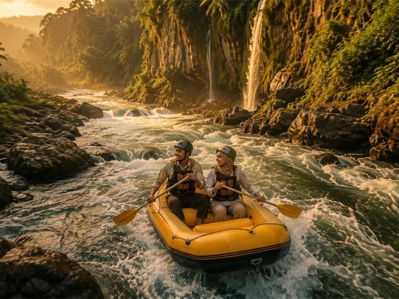 Perahu karet menuruni jeram di sungai berhutan